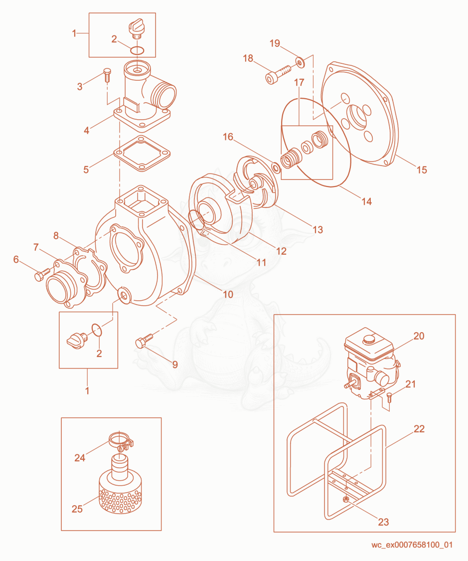 Exploded parts diagram of the Pump Components of a Wacker Neuson PG2, with numbered balloons