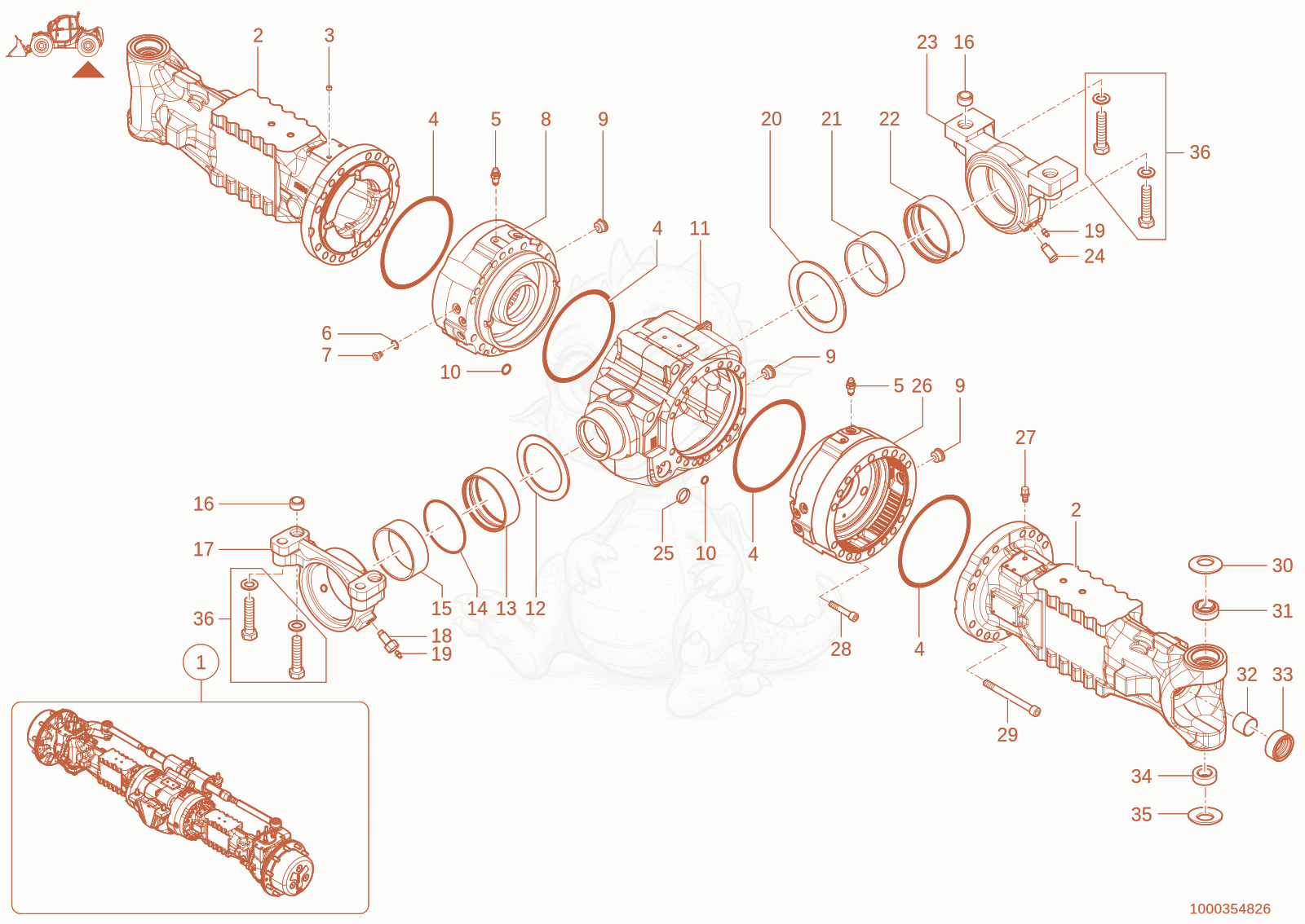 Exploded parts diagram of the rear axle of a Wacker Neuson TH955(416-36), with numbered balloons