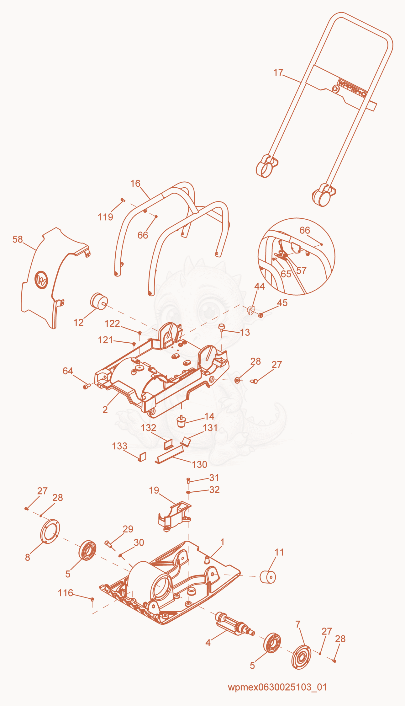Exploded parts diagram of the Guide Handle/Baseplate of a Wacker Neuson WPP1540A, with numbered balloons