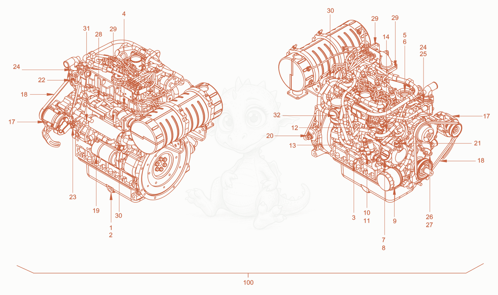 Exploded parts diagram of the pump drive and engine assembly of a Wacker Neuson RD45-140CDPF, with numbered balloons