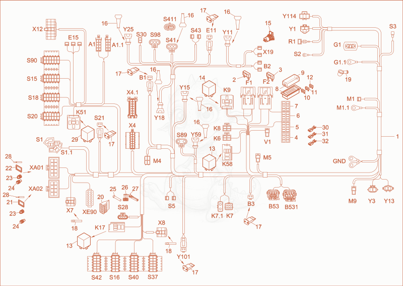 Exploded parts diagram of the wire harness chassis, engine of a Wacker Neuson EZ26, with numbered balloons