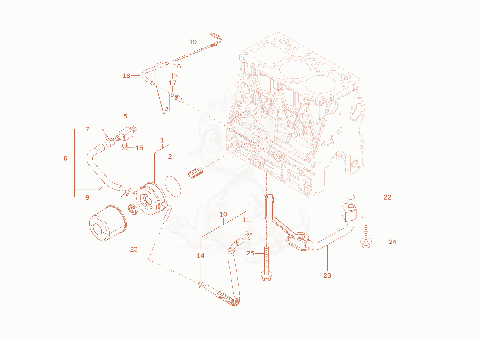 Despiece del lub oil system de una máquina Wacker Neuson TH412(T01-01), con globos numerados