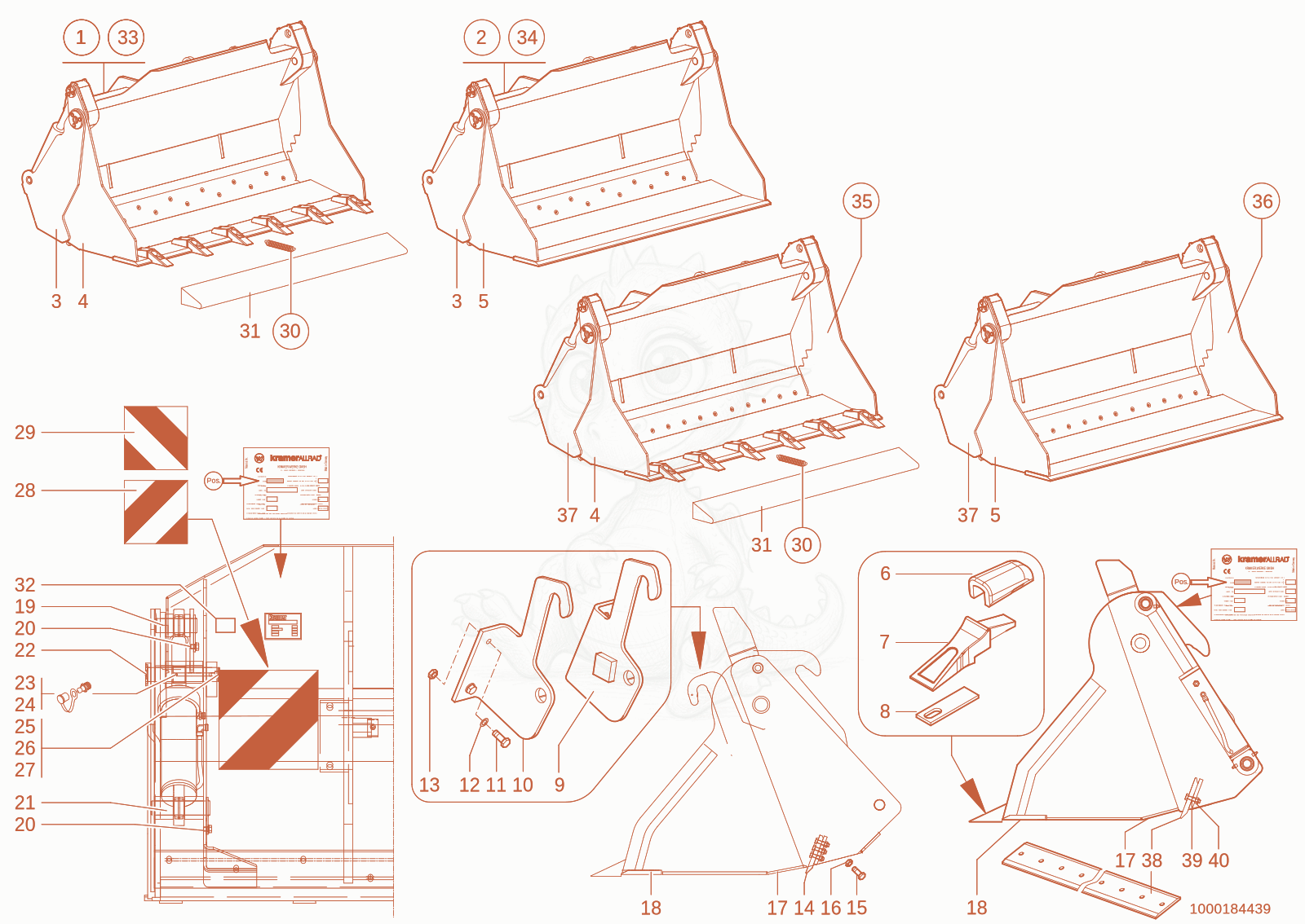 Exploded parts diagram of the multy purpose bucket of a Wacker Neuson 1150, with numbered balloons