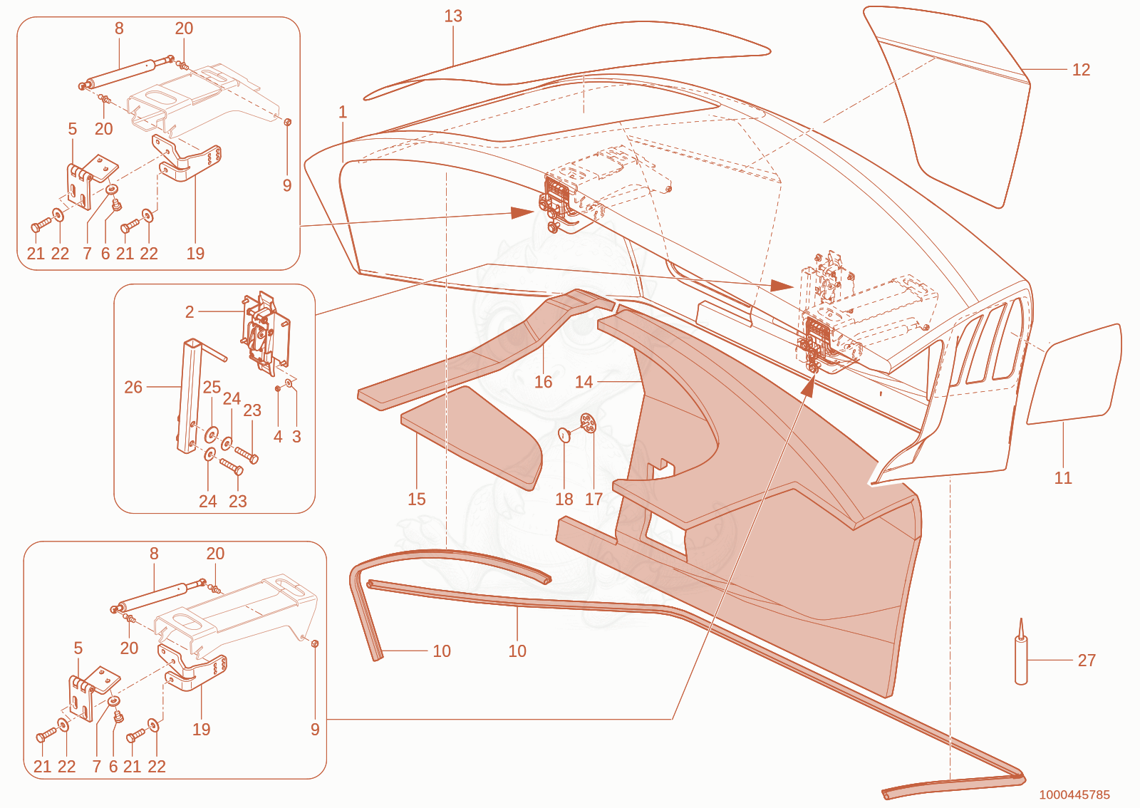 Exploded parts diagram of the engine hood of a Wacker Neuson TH750(416-38), with numbered balloons