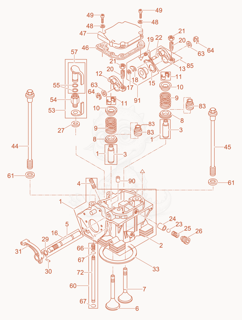 Exploded parts diagram of the Cylinder head of a Wacker Neuson DPU5045HEUS, with numbered balloons