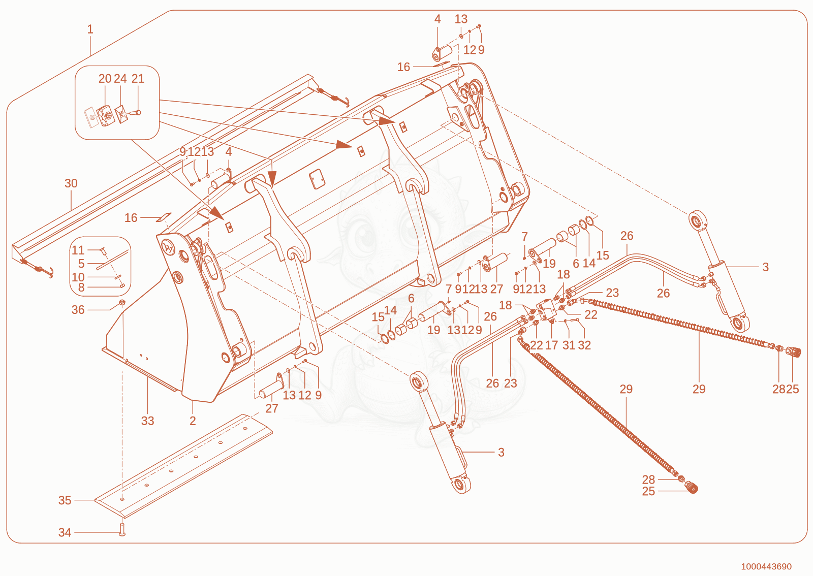 Exploded parts diagram of the multy purpose bucket of a Wacker Neuson WL110(WRL90-05), with numbered balloons