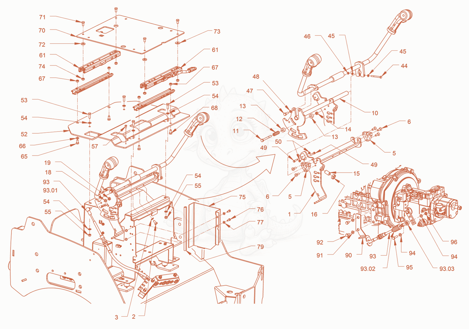 Exploded parts diagram of the drive shifting of a Wacker Neuson RD24-100, with numbered balloons