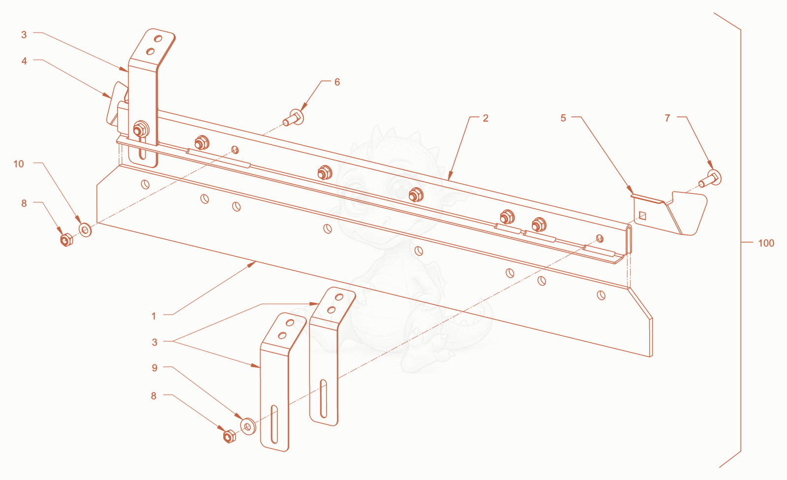 Exploded parts diagram of the rigid scraper of a Wacker Neuson RD24-100CUS, with numbered balloons
