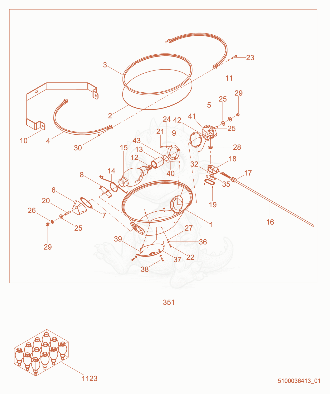 Exploded parts diagram of the Light cpl., 1100W of a Wacker Neuson LTV6L, with numbered balloons