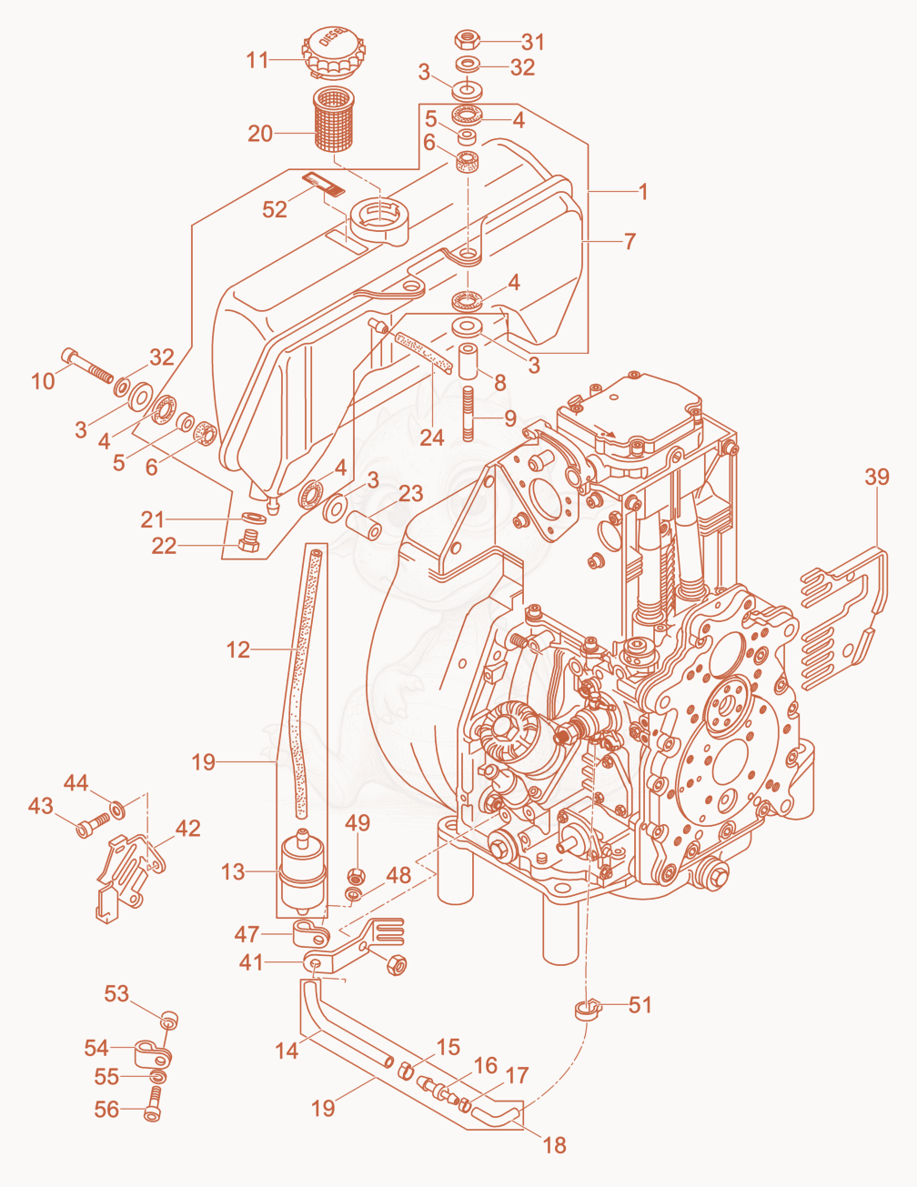 Exploded parts diagram of the Fuel Tank of a Wacker Neuson DPU4545H, with numbered balloons