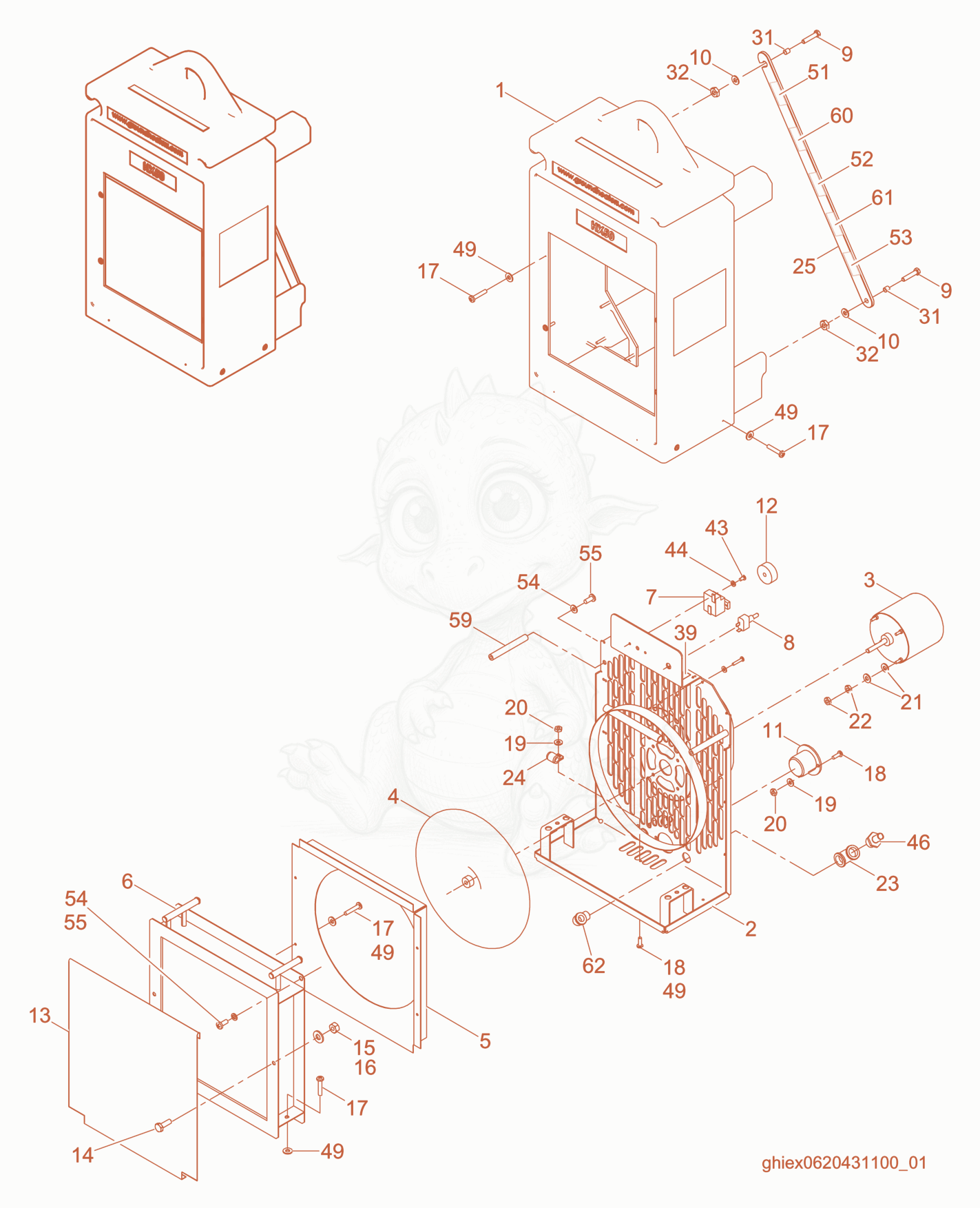Exploded parts diagram of the Machine cpl. of a Wacker Neuson HX50, with numbered balloons