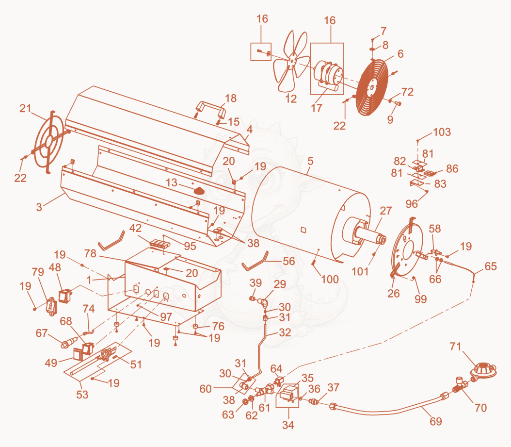 Exploded parts diagram of the Propane gas heater of a Wacker Neuson HGM74WGB, with numbered balloons