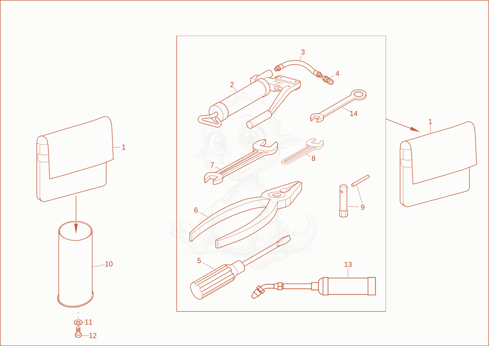 Exploded parts diagram of the tools of a Wacker Neuson DT10, with numbered balloons