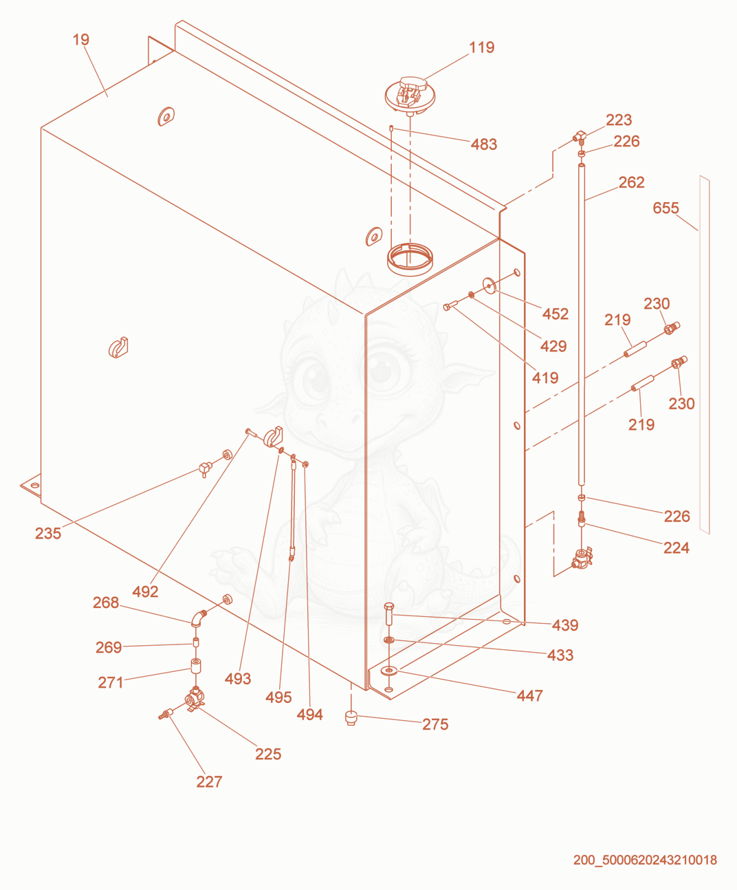 Exploded parts diagram of the Fuel Tank cpl. of a Wacker Neuson HSH650, with numbered balloons