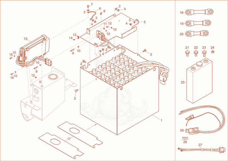 Exploded parts diagram of the BATTERY of a Wacker Neuson DW15E, with numbered balloons