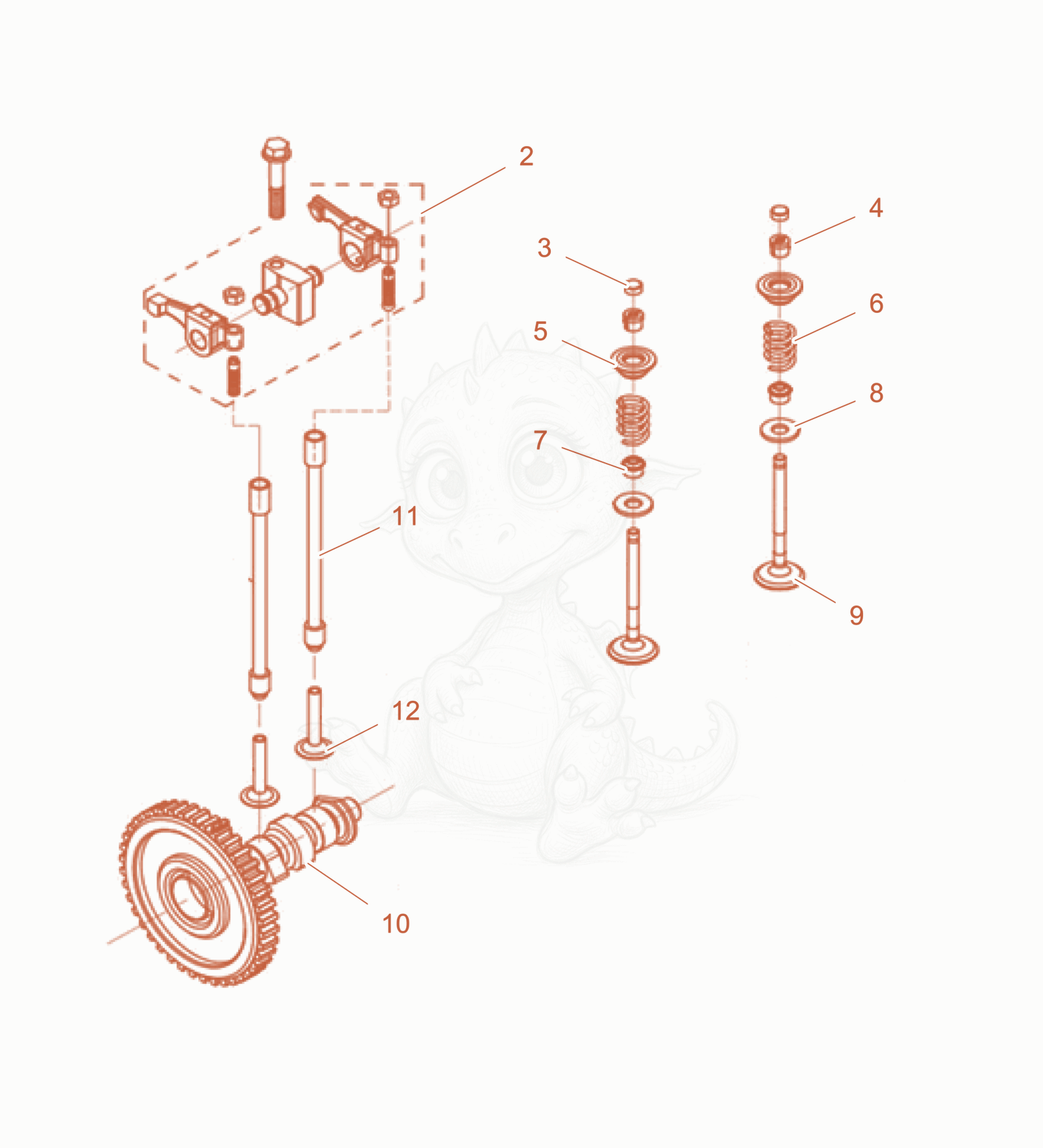 Despiece del Valve Train de una máquina Wacker Neuson D3.5GD2, con globos numerados