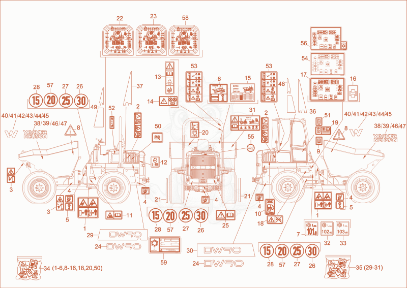 Exploded parts diagram of the sticker of a Wacker Neuson DW90, with numbered balloons