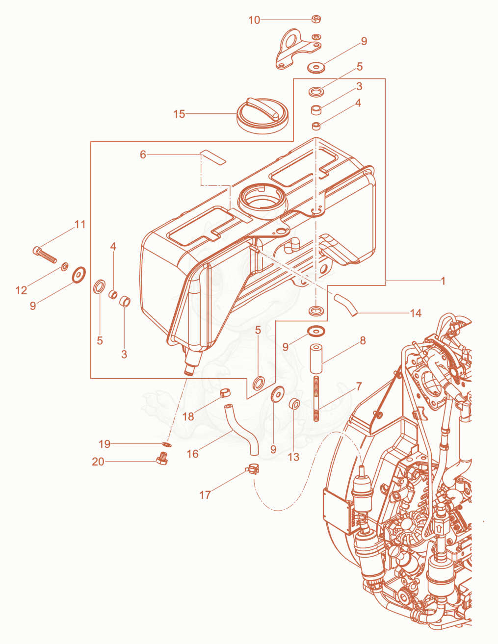 Exploded parts diagram of the Fuel tank of a Wacker Neuson DPU6555HEHAPN, with numbered balloons