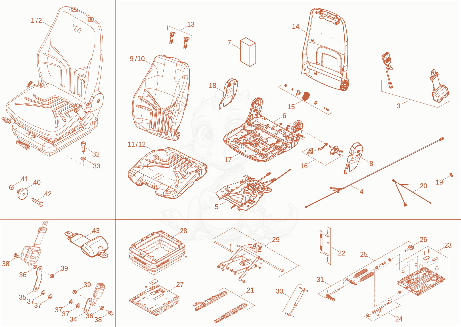 Exploded parts diagram of the DRIVER SEAT of a Wacker Neuson DW90-3, with numbered balloons
