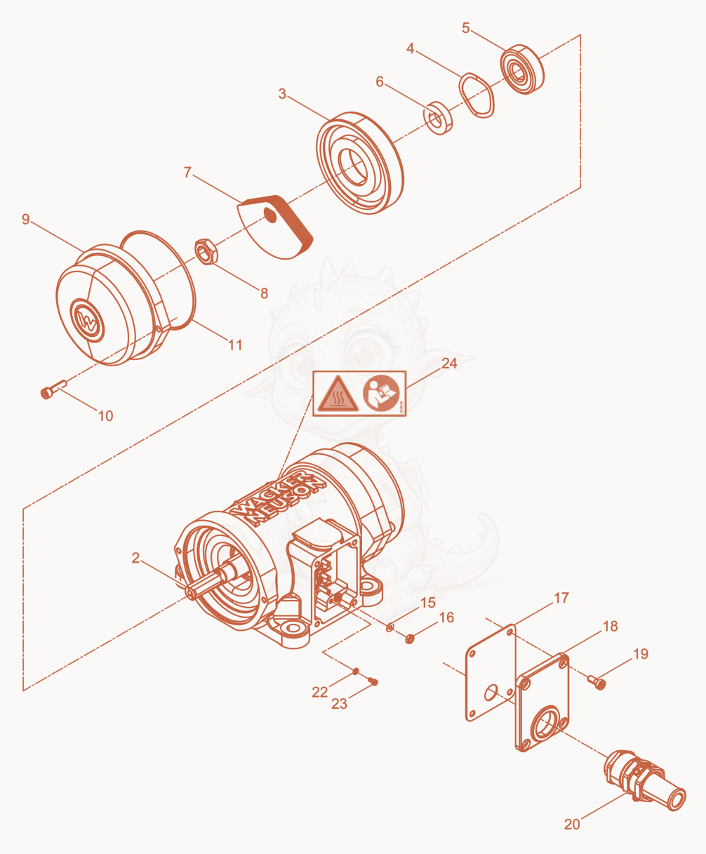 Exploded parts diagram of the External Vibrator cpl. of a Wacker Neuson AR36/6/115, with numbered balloons