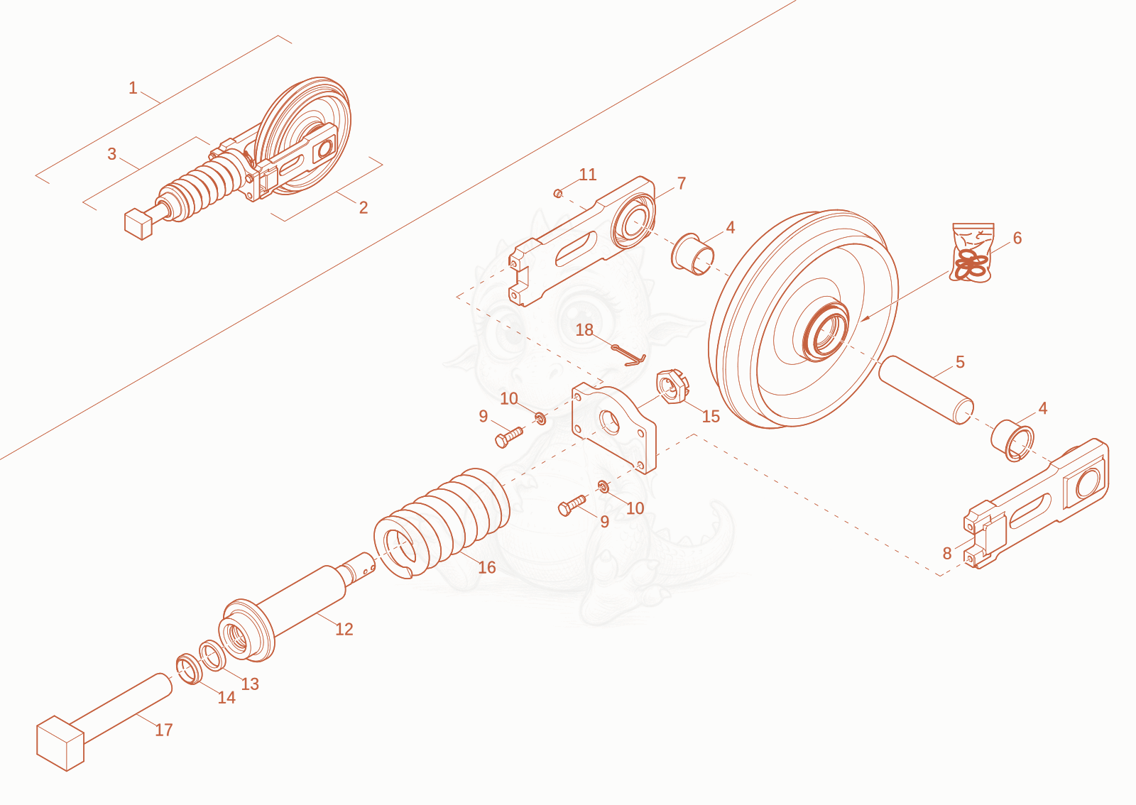 Exploded parts diagram of the track tensioner complete of a Wacker Neuson EZ26-2, with numbered balloons