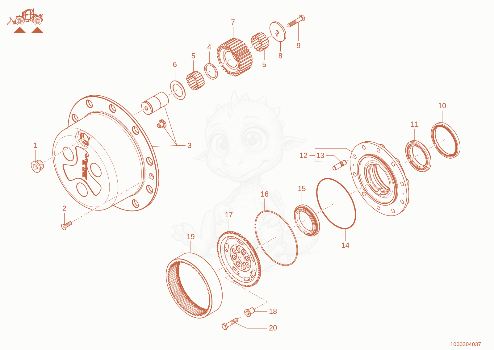 Exploded parts diagram of the wheel hub of a Wacker Neuson TH755(416-04), with numbered balloons