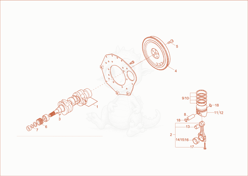 Exploded parts diagram of the crankshaft, piston of a Wacker Neuson DT12, with numbered balloons