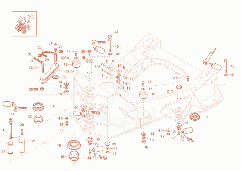 Exploded parts diagram of the front part frame of a Wacker Neuson DW90, with numbered balloons