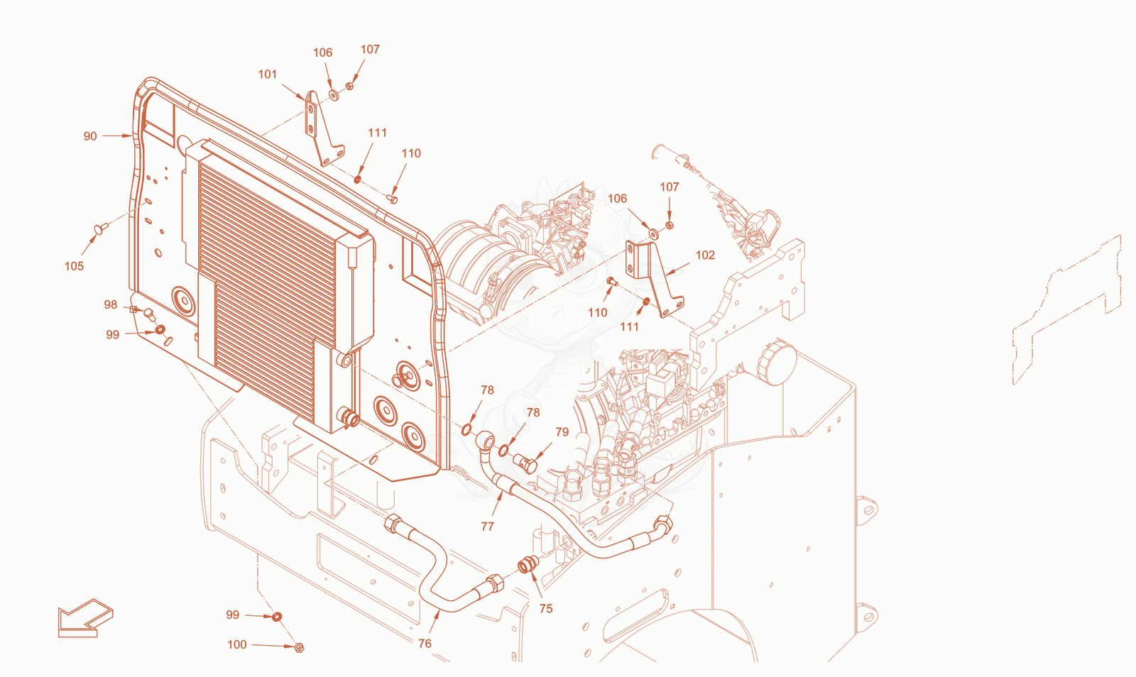 Exploded parts diagram of the cooling (engine/hydraulic oil) of a Wacker Neuson RD24-100CDPF, with numbered balloons