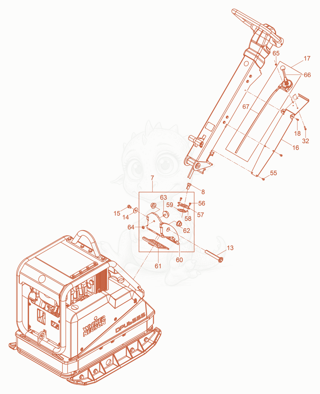 Exploded parts diagram of the Vibration Plate of a Wacker Neuson DPU6555HECSH, with numbered balloons
