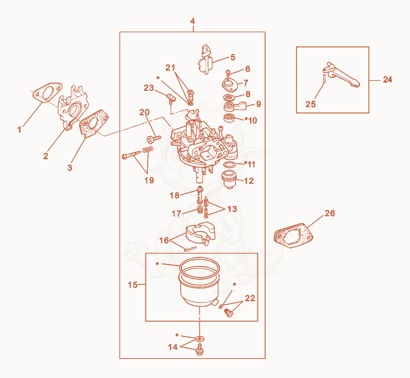 Exploded parts diagram of the Carburetor cpl. of a Wacker Neuson MPU29A, with numbered balloons