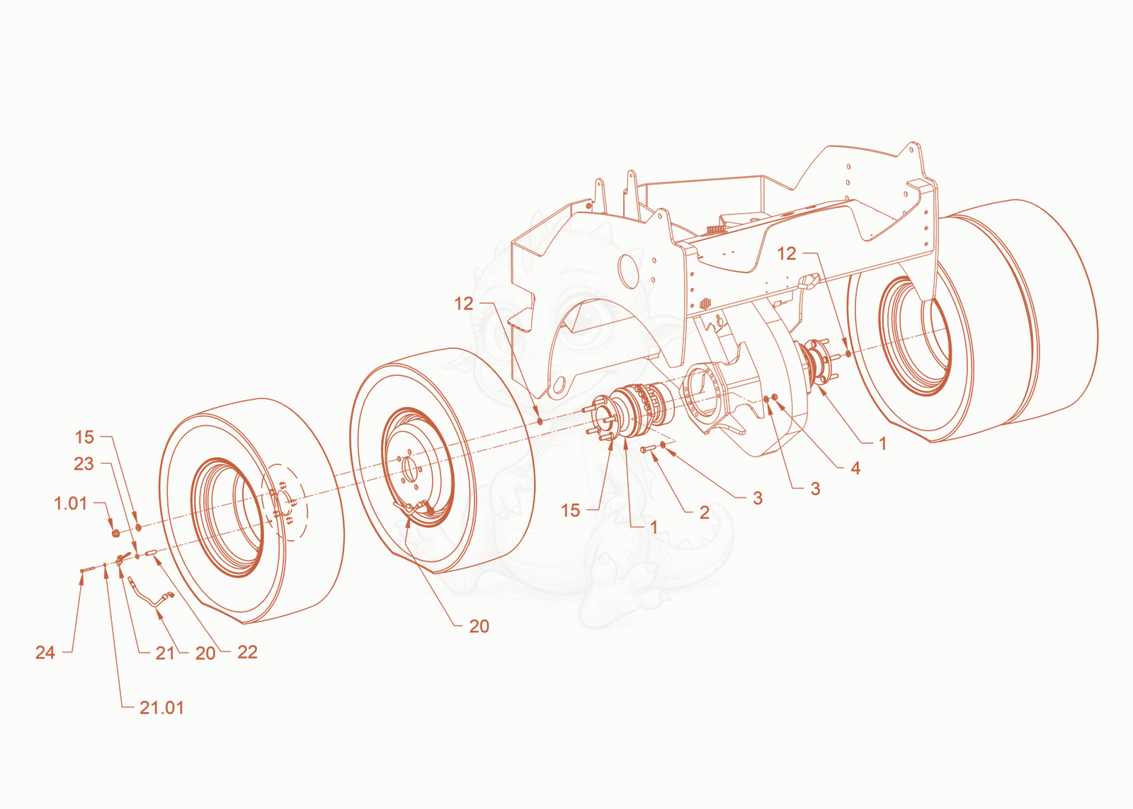 Exploded parts diagram of the suspension (tires) of a Wacker Neuson RD45-140C, with numbered balloons