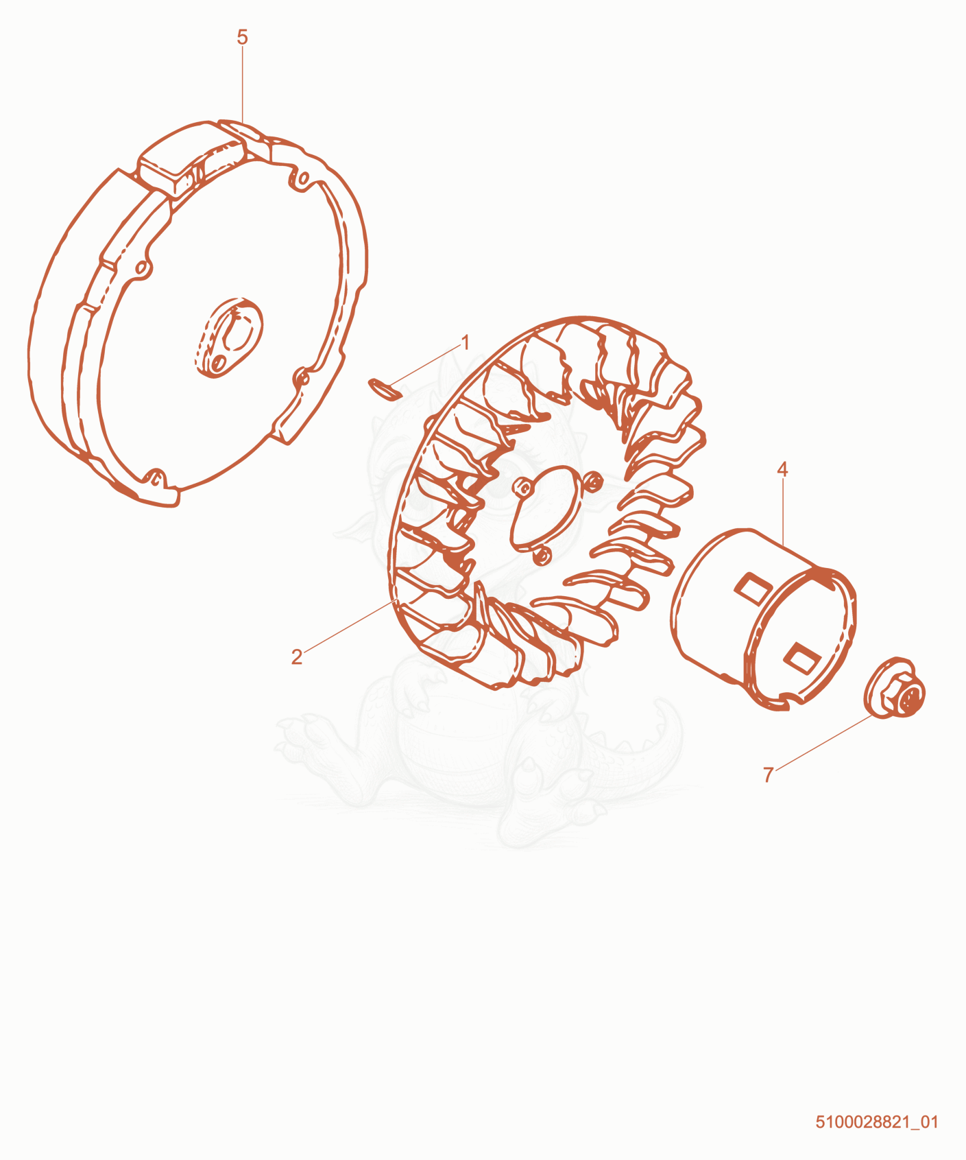 Exploded parts diagram of the Flywheel of a Wacker Neuson PDI2A(I), with numbered balloons