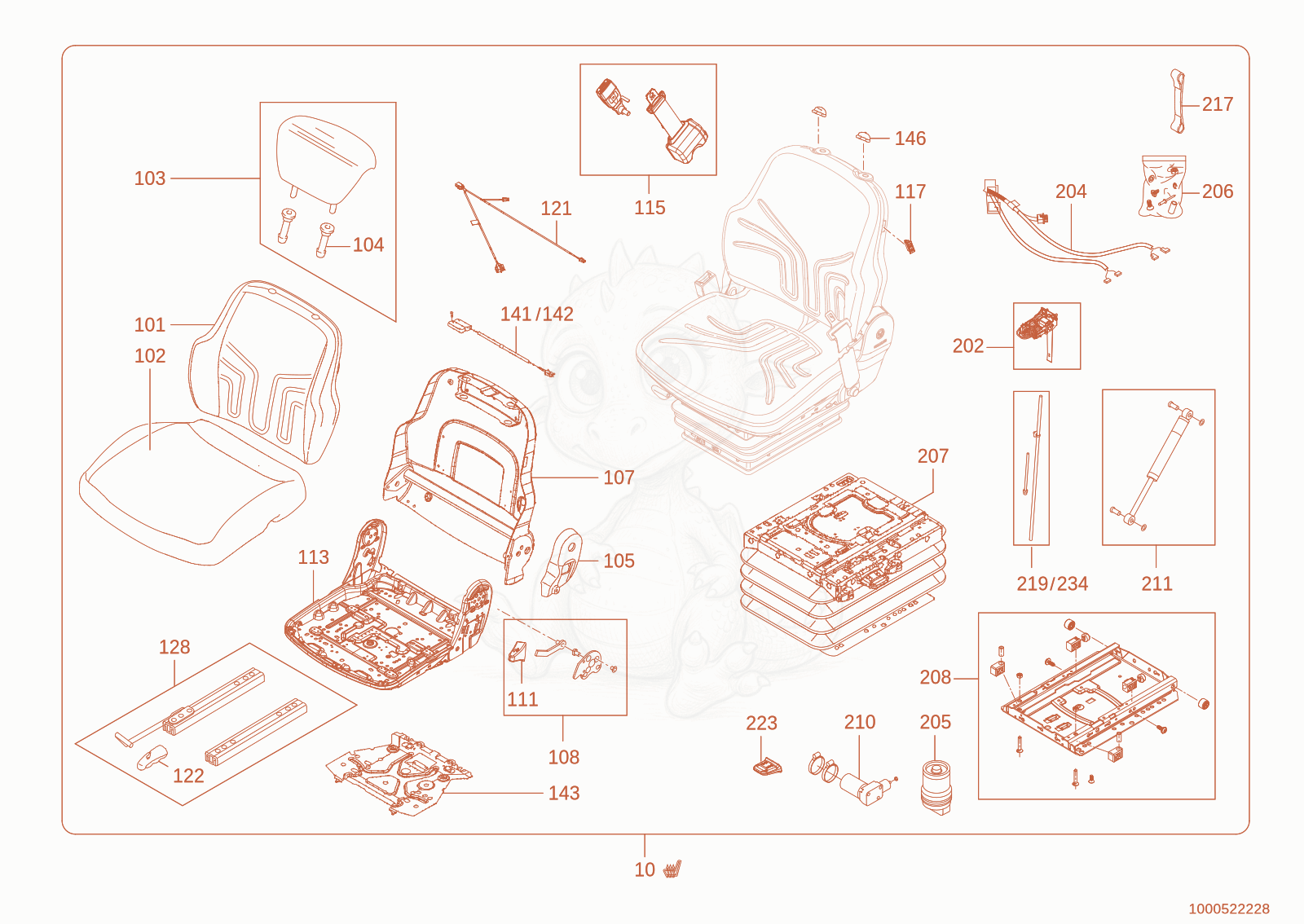Exploded parts diagram of the seat MSG95/721 of a Wacker Neuson WL950(A05-01), with numbered balloons