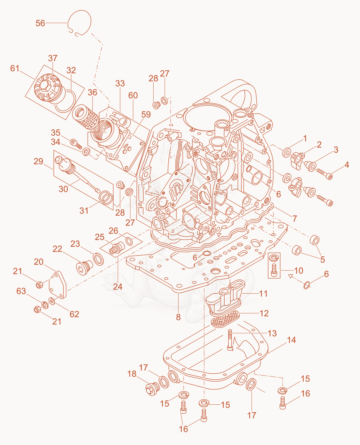 Exploded parts diagram of the Crankcase of a Wacker Neuson DPU6555H, with numbered balloons