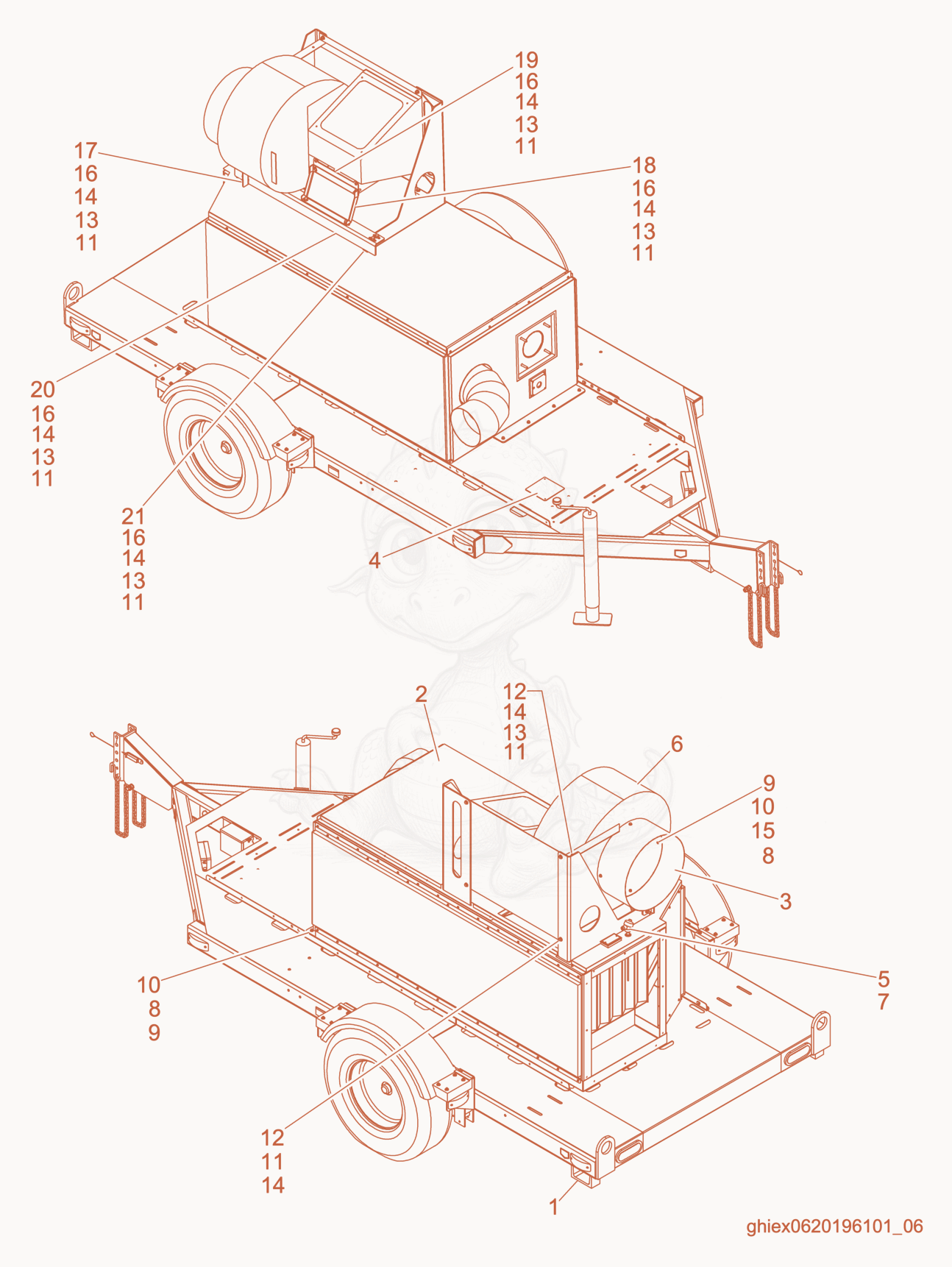 Exploded parts diagram of the Heat Exchanger/Trailer of a Wacker Neuson ARCTICBEARHD, with numbered balloons