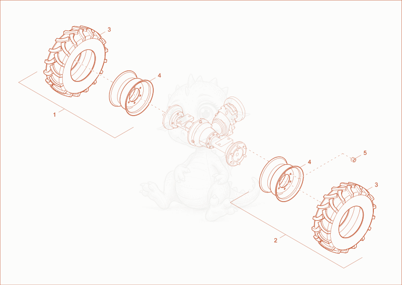 Exploded parts diagram of the rear wheels of a Wacker Neuson DW15E, with numbered balloons