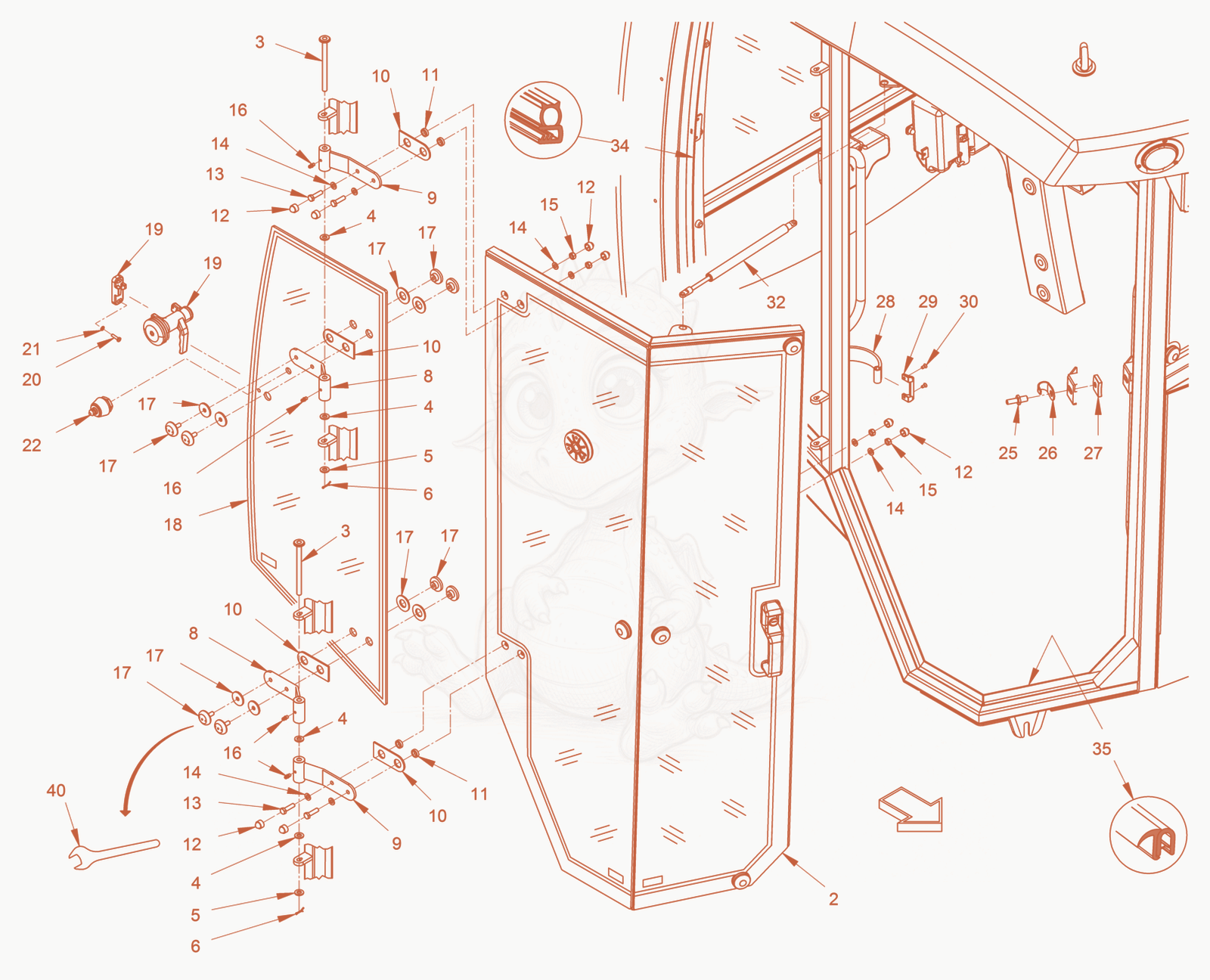 Exploded parts diagram of the Driver'S Cabin of a Wacker Neuson RD45-140, with numbered balloons