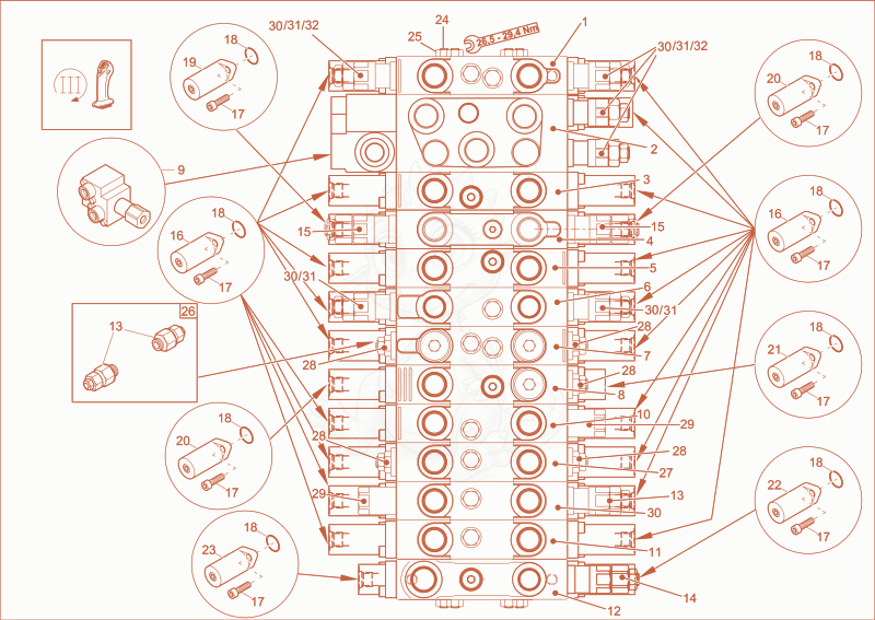 Exploded parts diagram of the CONTROL VALVE 2 (OPTION) of a Wacker Neuson EZ53, with numbered balloons