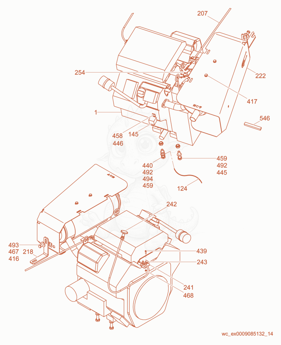 Despiece del Engine-Kohler de una máquina Wacker Neuson CRT36-25K-H, con globos numerados