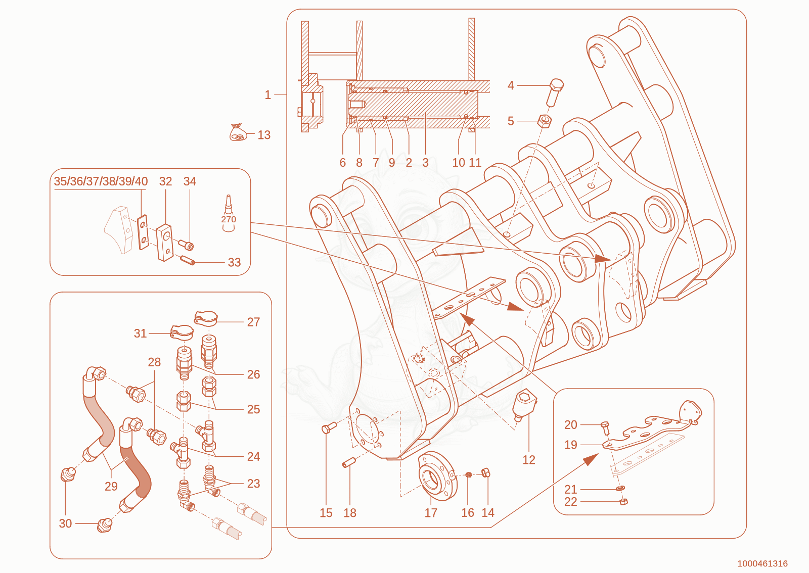 Exploded parts diagram of the quickhitch plate of a Wacker Neuson TH942(416-39), with numbered balloons