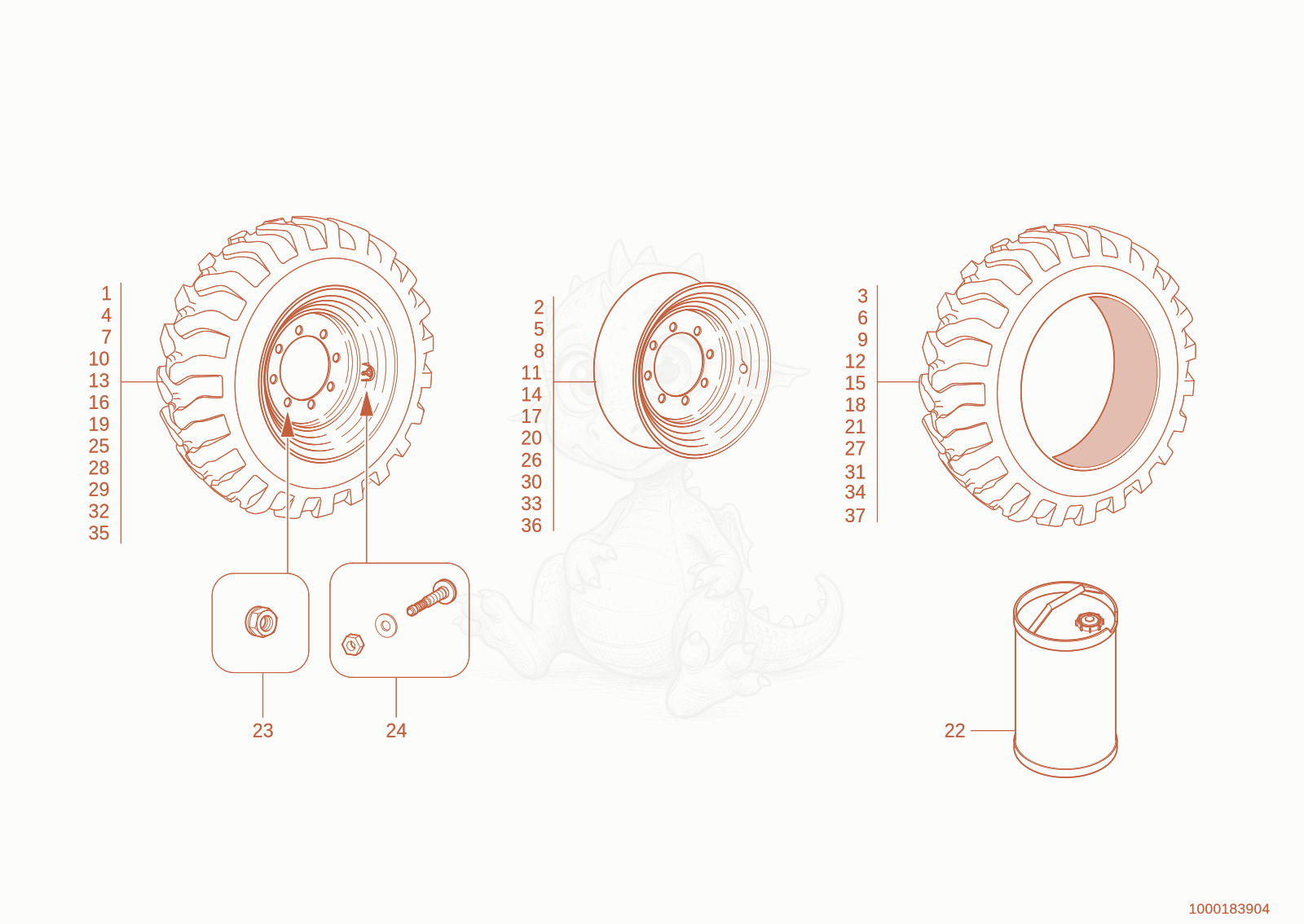 Exploded parts diagram of the WHEELS of a Wacker Neuson 1150, with numbered balloons