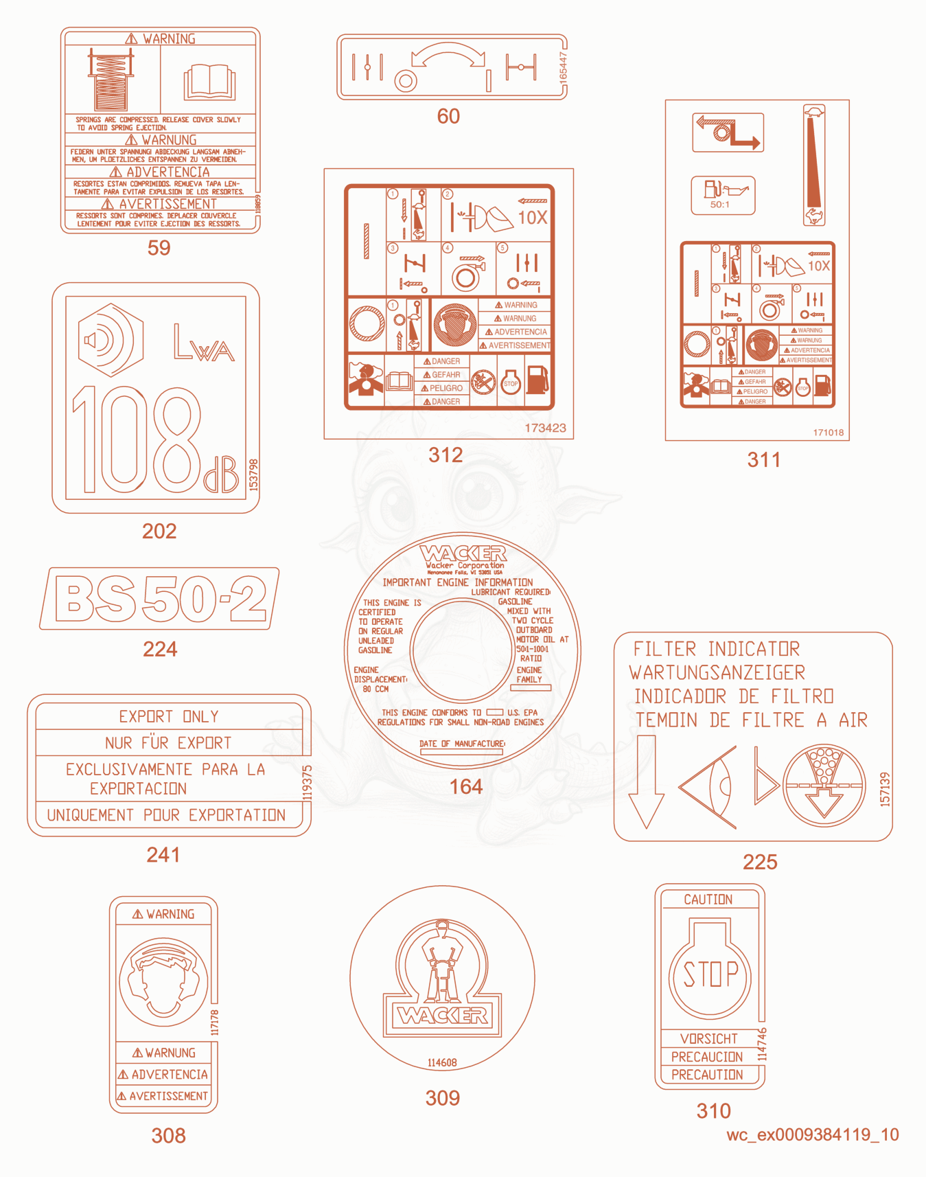 Exploded parts diagram of the Labels of a Wacker Neuson BS50-2, with numbered balloons