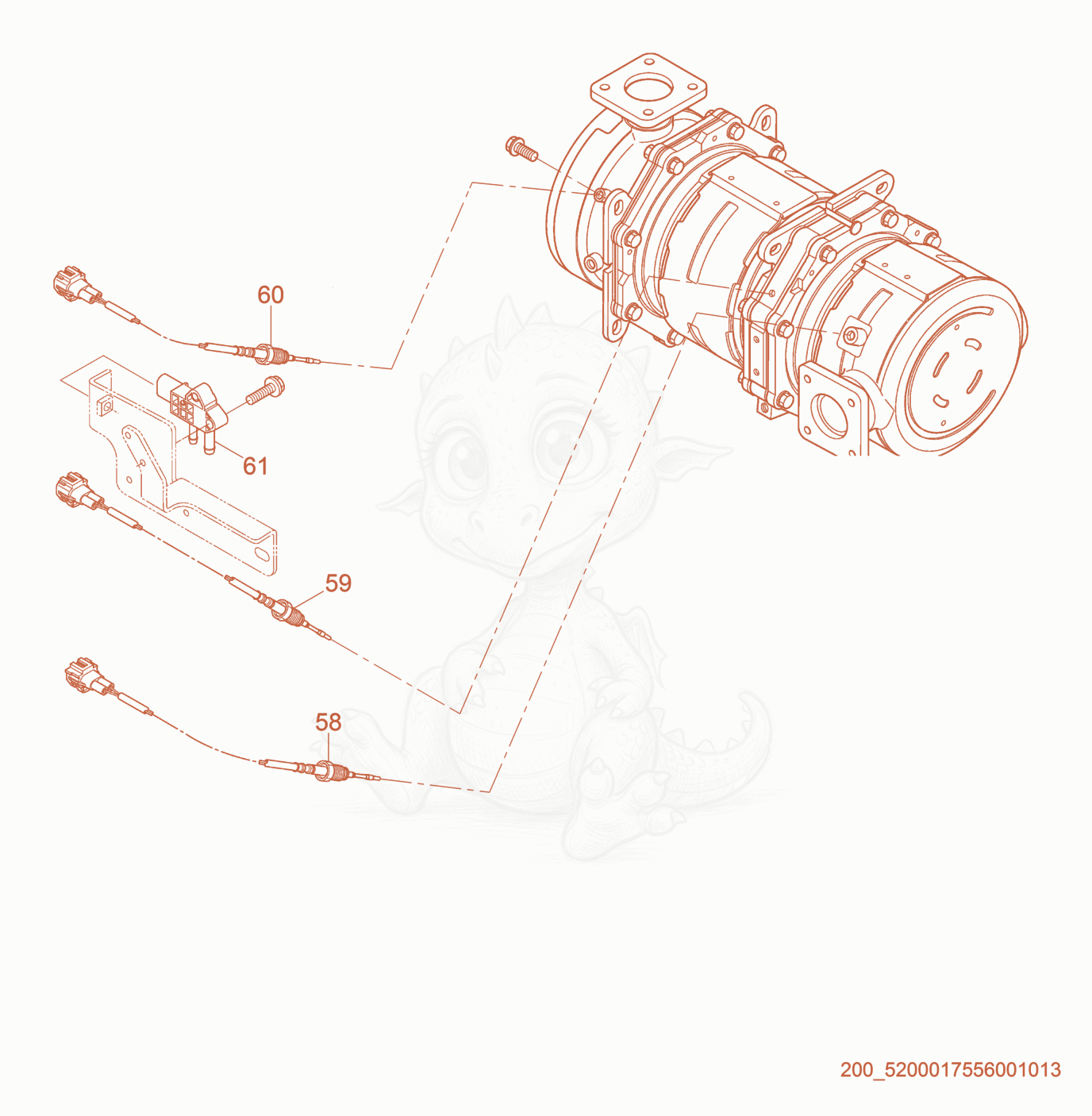 Exploded parts diagram of the Muffler/Sensor of a Wacker Neuson HIF600, with numbered balloons
