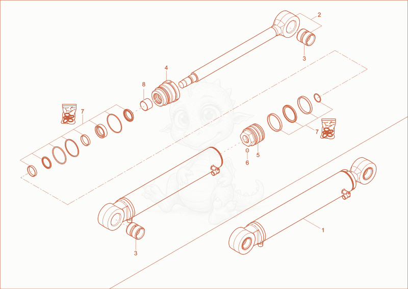 Exploded parts diagram of the dipper arm cylinder of a Wacker Neuson 1404, with numbered balloons