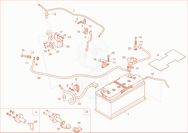 Exploded parts diagram of the battery of a Wacker Neuson ET65, with numbered balloons