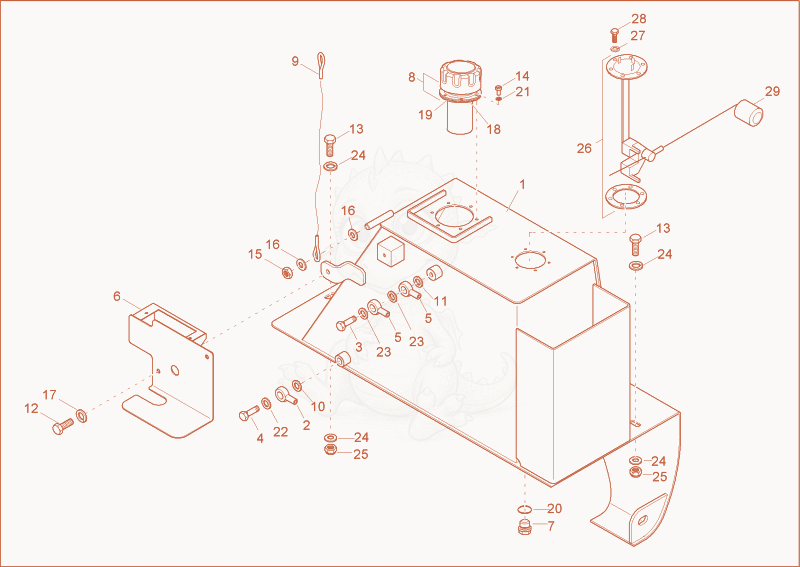 Exploded parts diagram of the fuel tank of a Wacker Neuson 1601, with numbered balloons