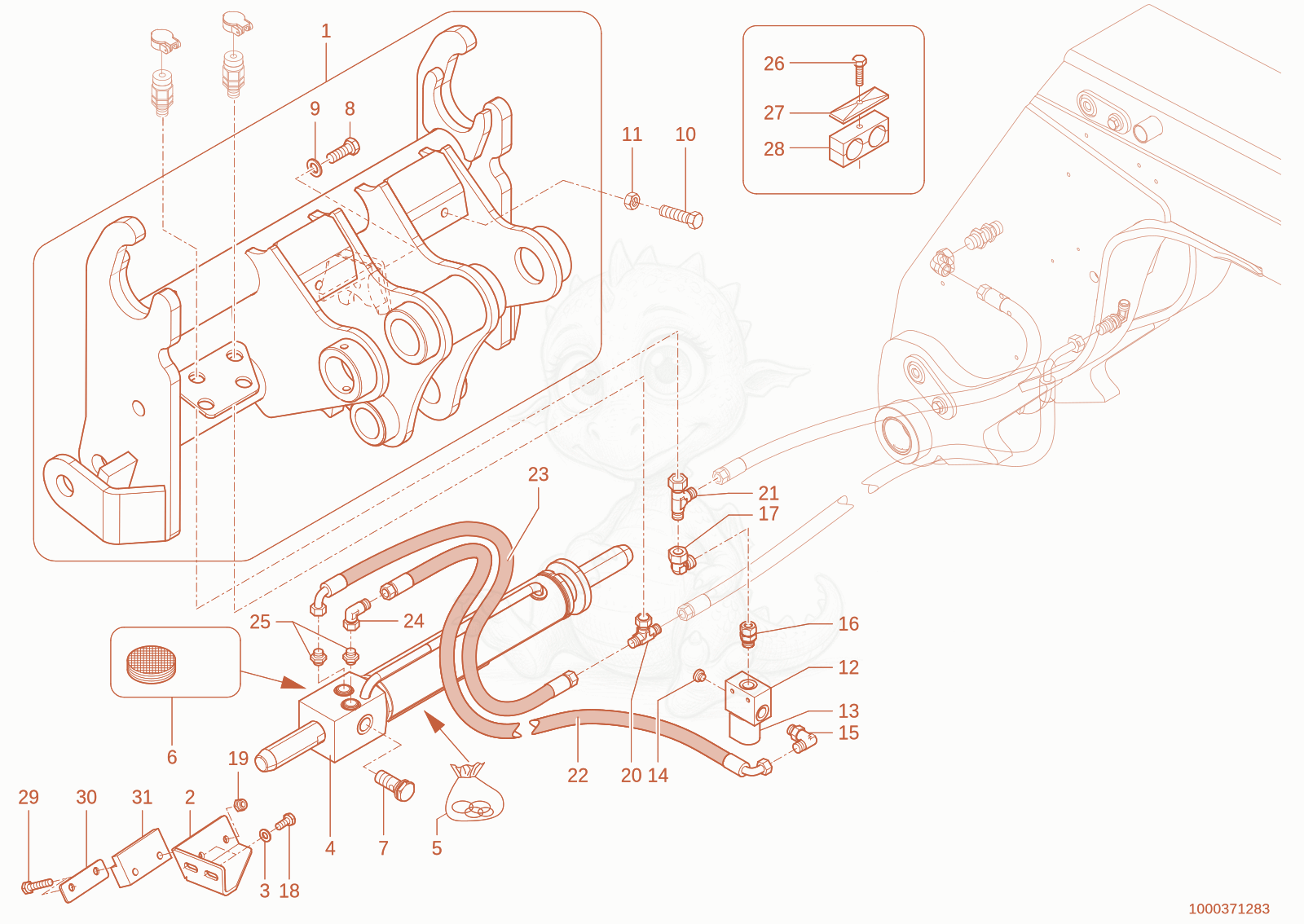 Exploded parts diagram of the quickhitch plate of a Wacker Neuson TH627(418-22), with numbered balloons