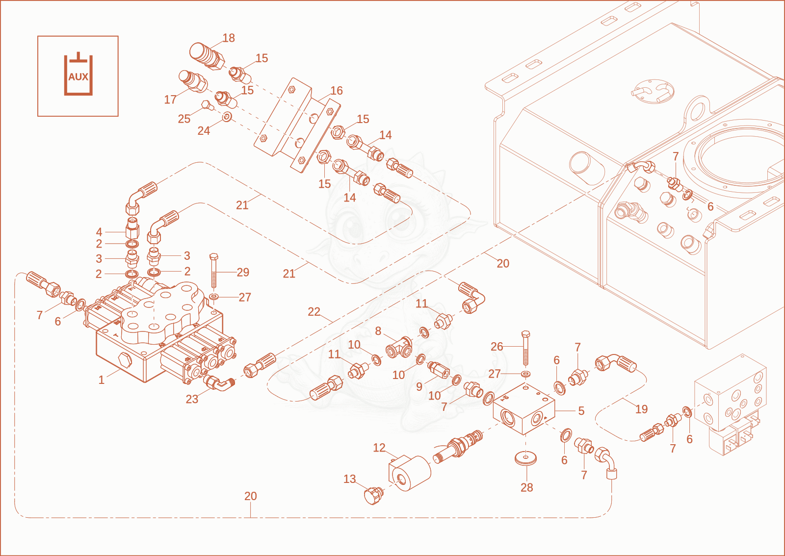 Exploded parts diagram of the AUXILIARY HYDRAULICS OPERATION OPTION of a Wacker Neuson DT23, with numbered balloons