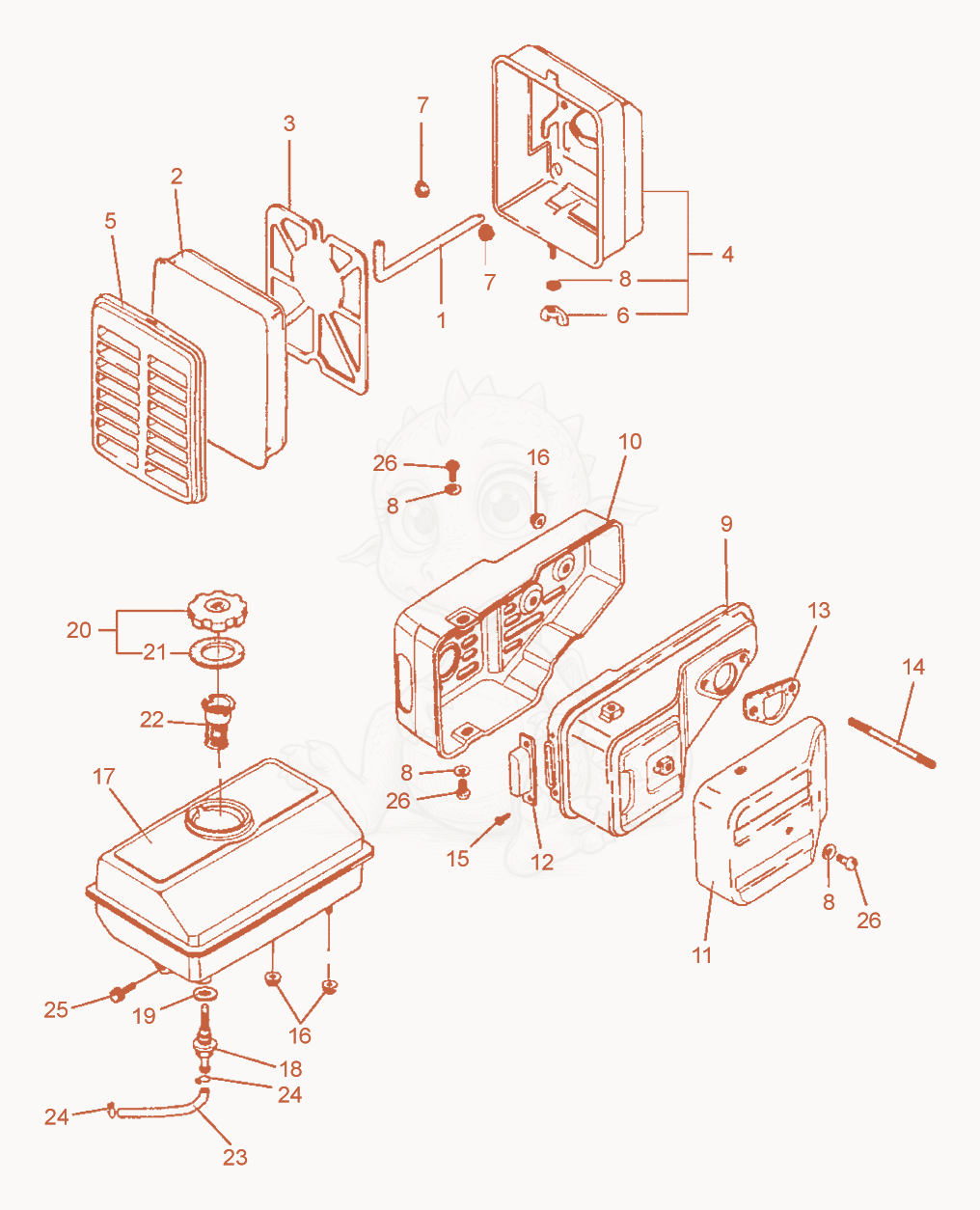 Exploded parts diagram of the Filter Housing-Fuel Tank-Exhaust of a Wacker Neuson BPS1135A, with numbered balloons